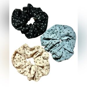 Floral Scrunchie Trio - Black, Blue, and Cream